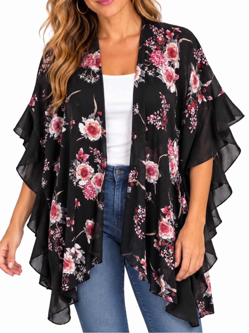 Jack & Missy beautiful black floral kimono shawl featuring a sheer, lightweight